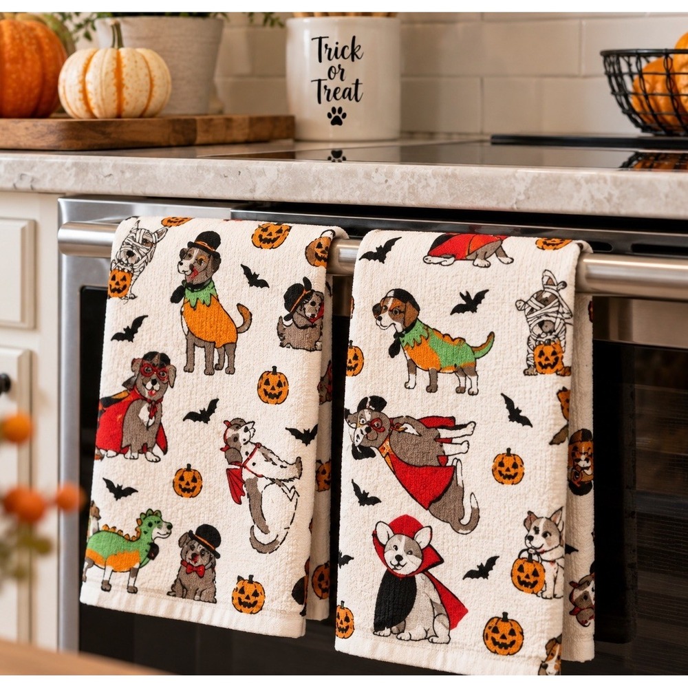 Cuisinart Halloween Dogs Kitchen Towels Set of 2 16x26 Cotton NWT